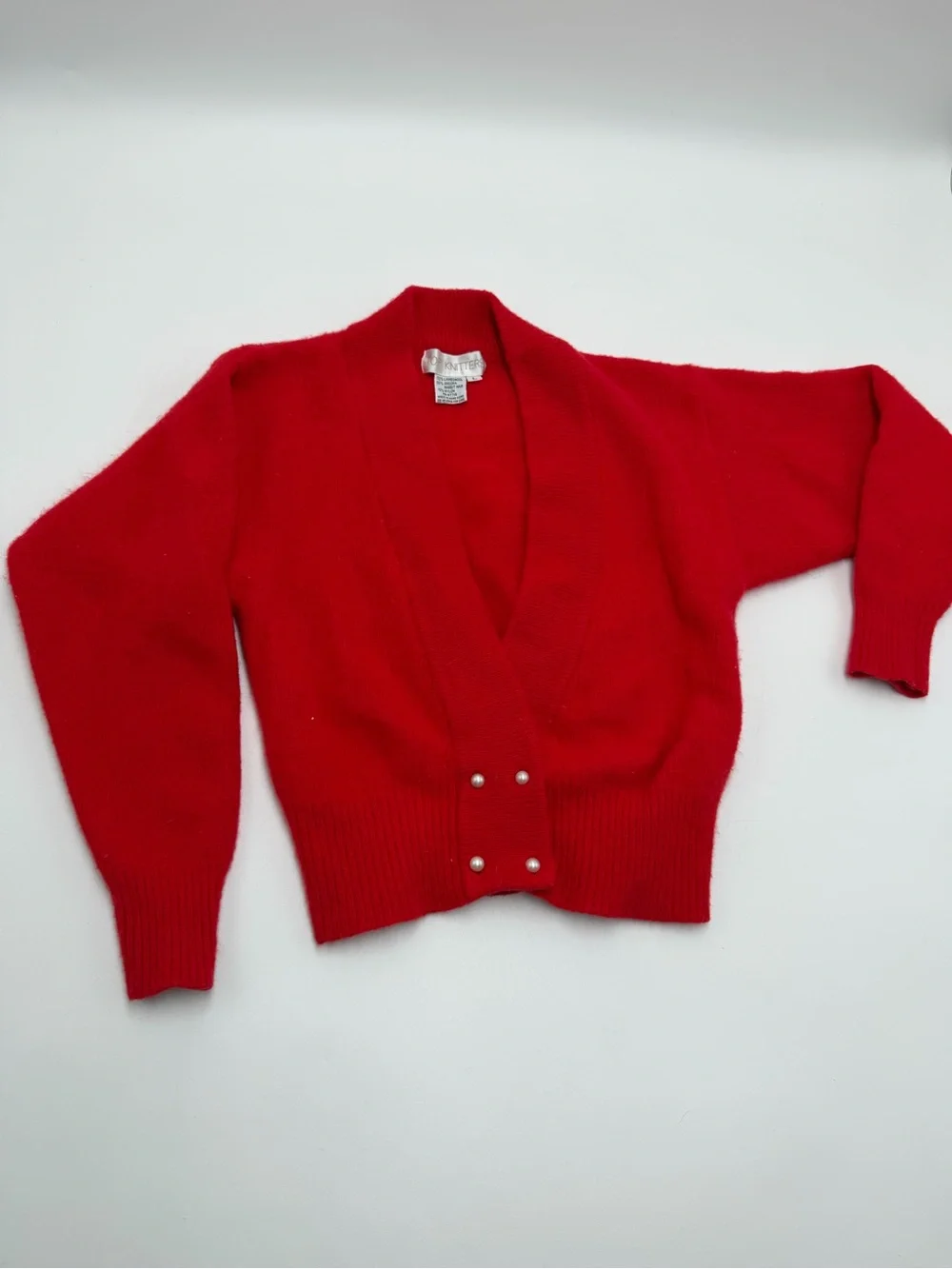 Vintage Top Knitters Kids L Red Lambswool Angora Cardigan Sweater Preppy Pearl